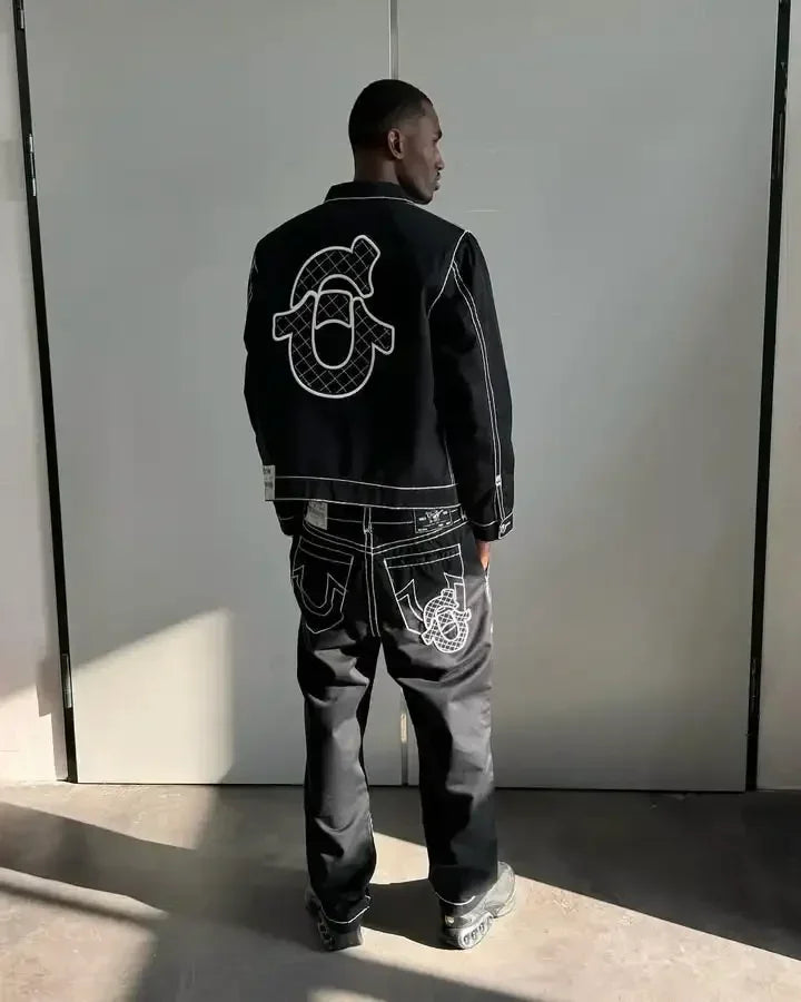 High street gothic y2k hip-hop pocket straight wide leg couple jeans retro embroidered zipper denim jacket two-piece set for men