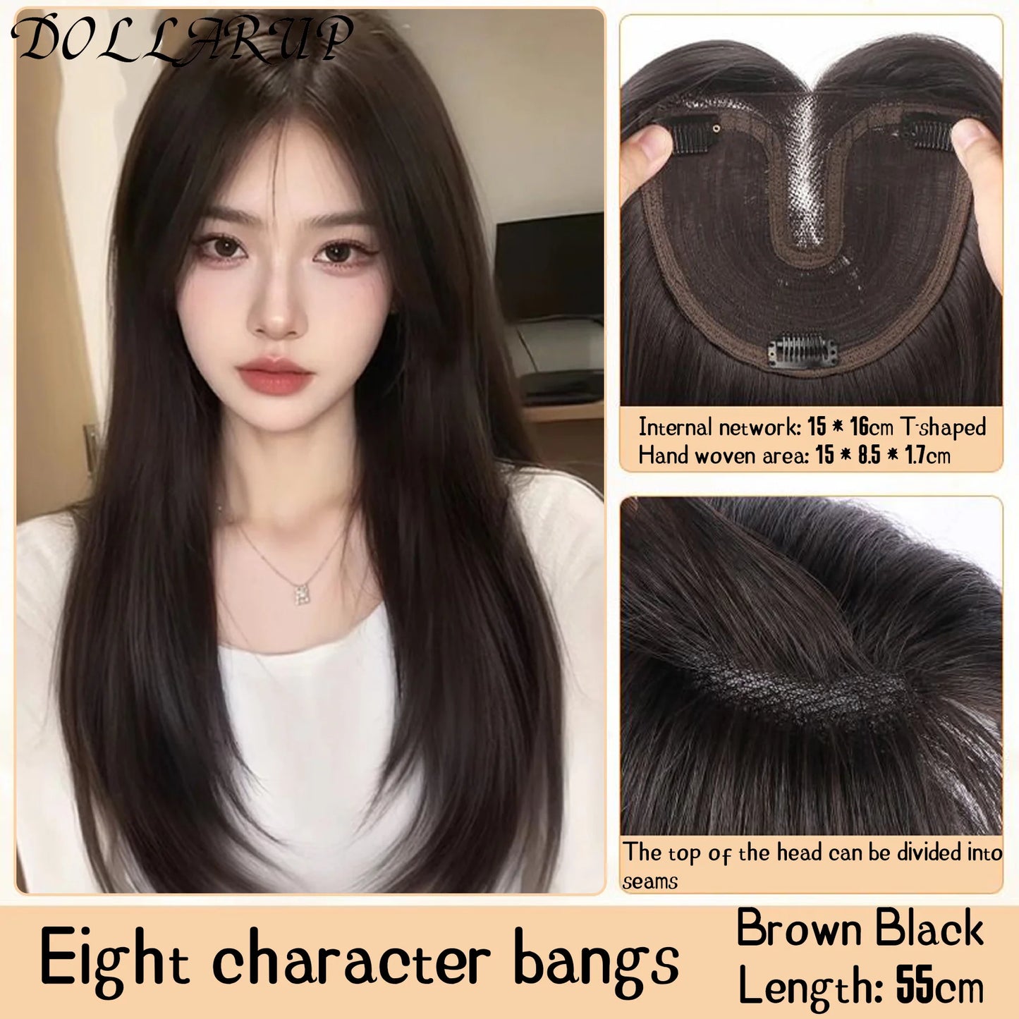 DOLLARUP Hair Toppers with Bangs for Women Synthetic 12.5x12.5 Top Hairpieces Wigs Long Striaght Clip in Hair Extension