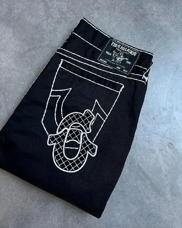 High street gothic y2k hip-hop pocket straight wide leg couple jeans retro embroidered zipper denim jacket two-piece set for men