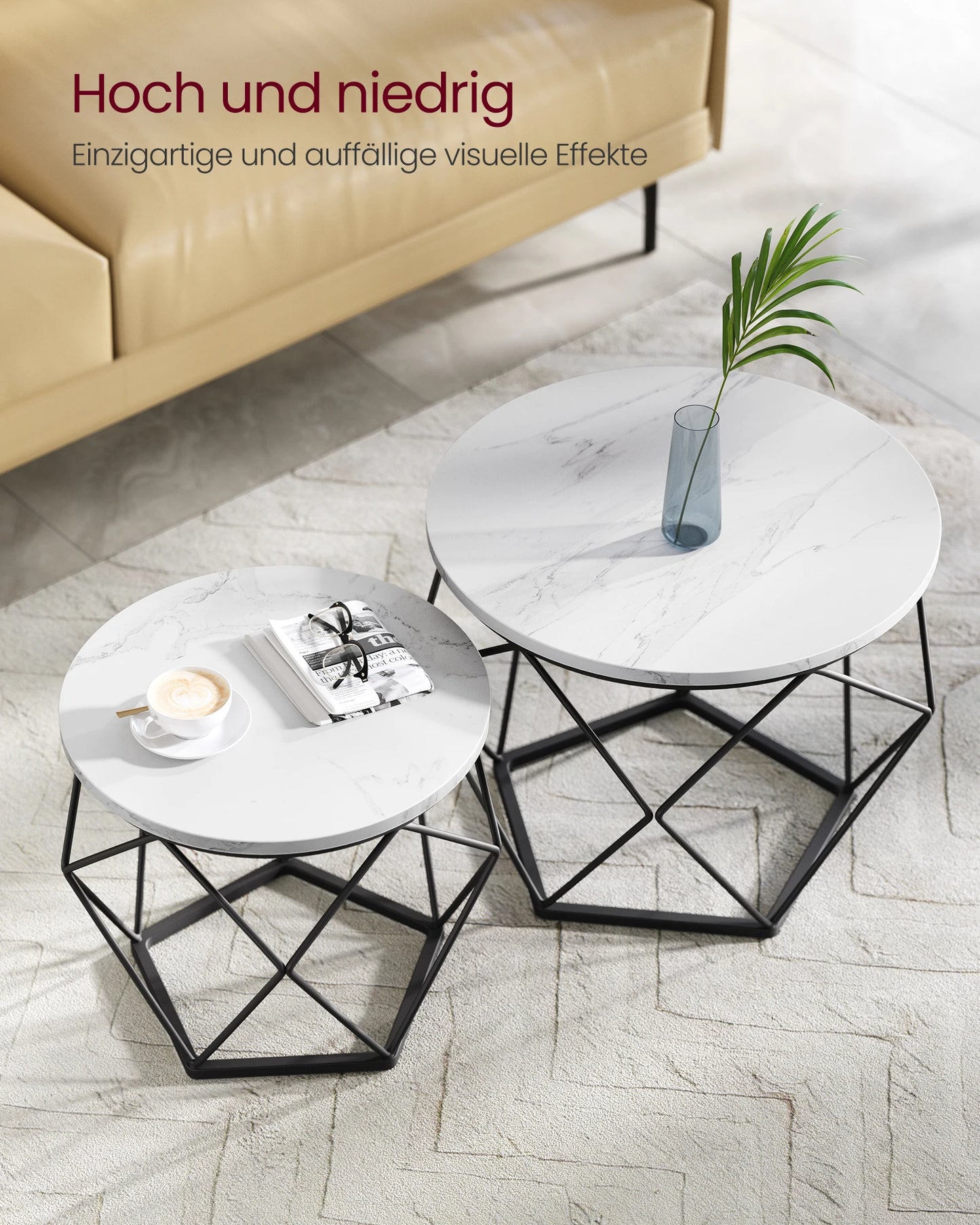 VASAGLE coffee table round set of 2 living room table side table modern removable table top for living room