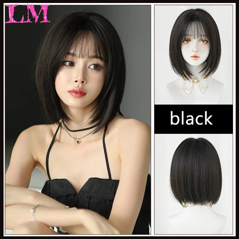 LM White Ombre Black Synthetic Wig for Women Long Curly Wave Wigs with Bangs Cosplay Party Heat Resistant Hair