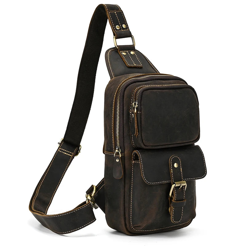 Casual Sport Bag Leather Chest Bags for Men iPad Mini Cow Leather One Shoulder Bags Male Anti Theft Chest Pack Sling Bag for Men