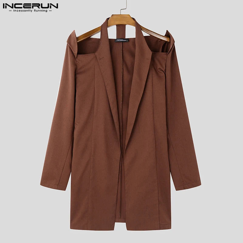 INCERUN Handsome Men's Tops Stylish Shoulder Hollow Medium Long Suit Coat Casual Clubwear Solid Personality Long Sleeved Blazer