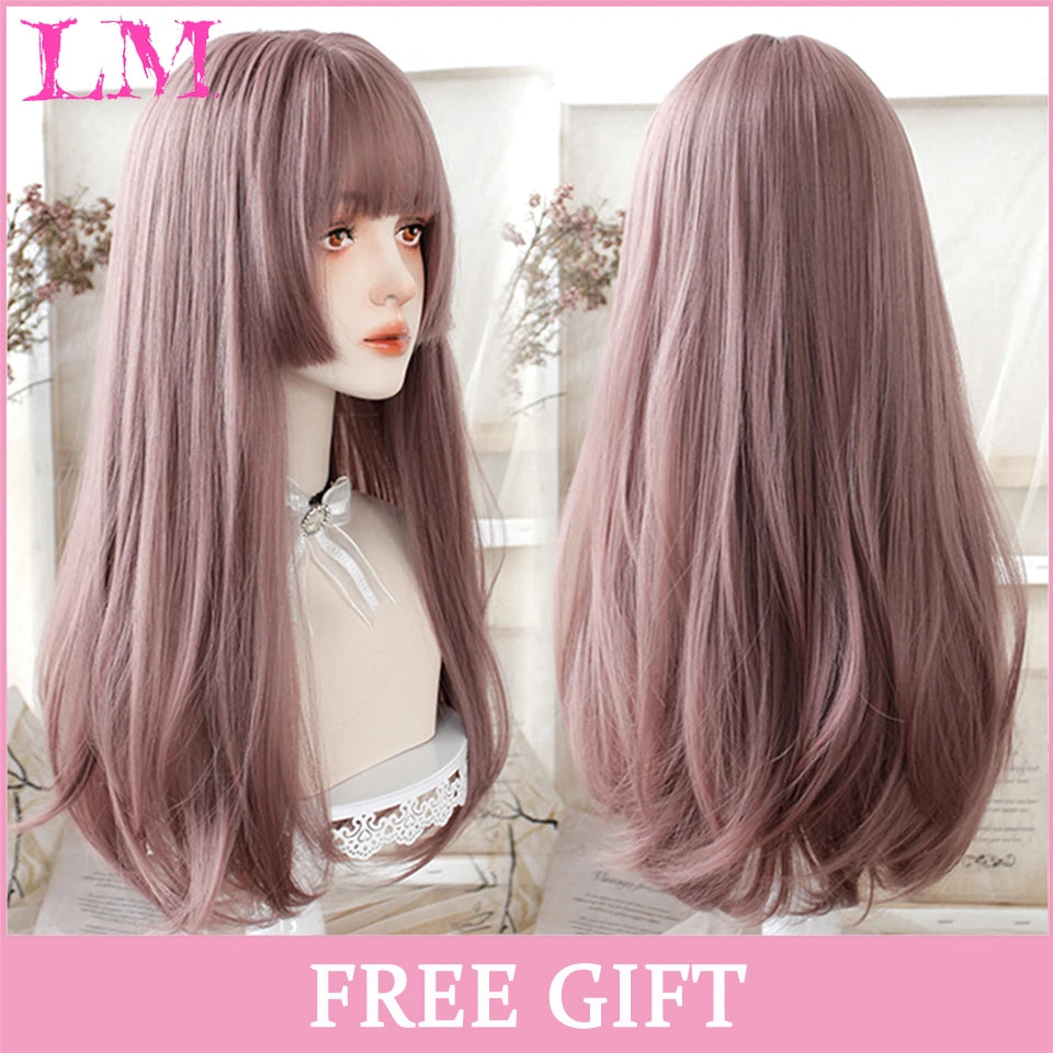 LM White Ombre Black Synthetic Wig for Women Long Curly Wave Wigs with Bangs Cosplay Party Heat Resistant Hair
