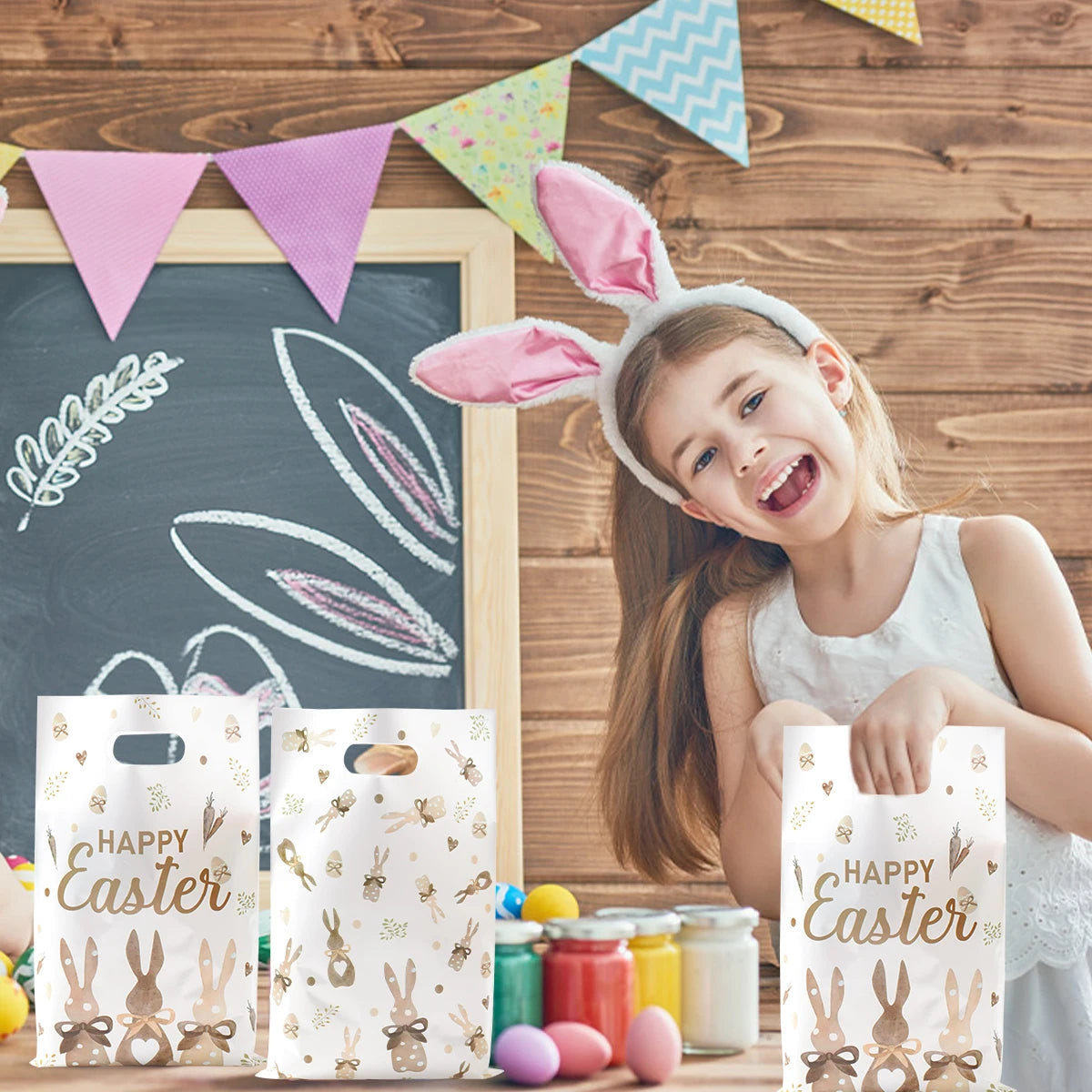 50pcs Happy Easter Tote Bags with Handles Cartoon Bunny Three Rabbits Plastic Gift Bags for Easter Egg Hunt Party Favors Gifts