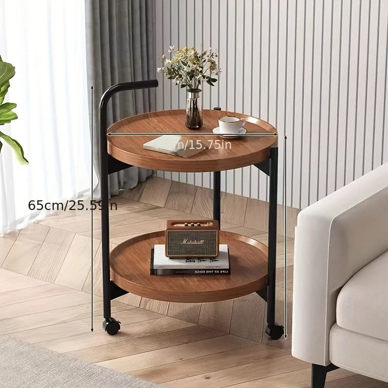 Bedside Wood Table Small Coffee Versatile Double Layer Wheels Space Saving 2-Tier Nightstand Storage Organizer Living Bedroom