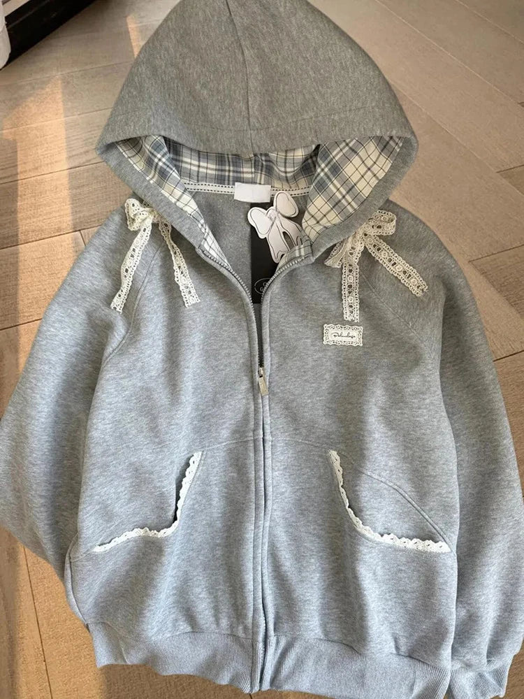 Zoki Lace Patchwork Hoodies Women Cute Bow Long Sleeve Sweatshirt Japan Preppy Style Sweet Loose Long Sleeve Female Gray Outwear