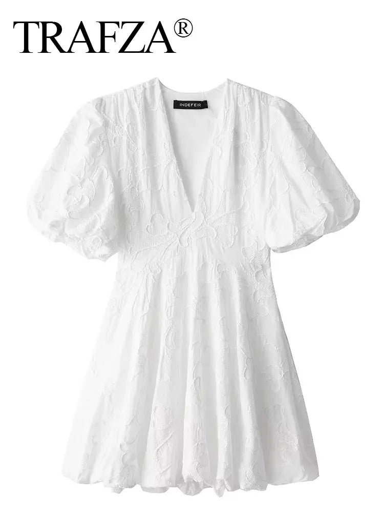 TRAFZA Women Elegant White Dress Short Sleeve V Neck Embroidered Mini Dresses 2024 Summer Female Casual Streetwear Vestidos TRAF