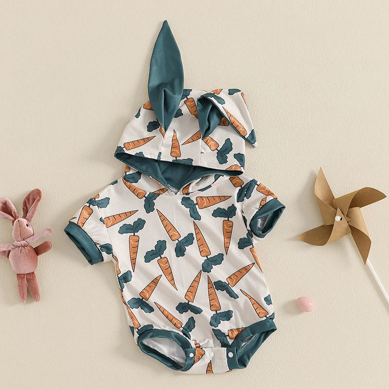Cute Cartoon Animal Print Short Sleeve Romper with Hooded Ears for Infant Boys and Girls Summer Jumpsuit Easter Outfit