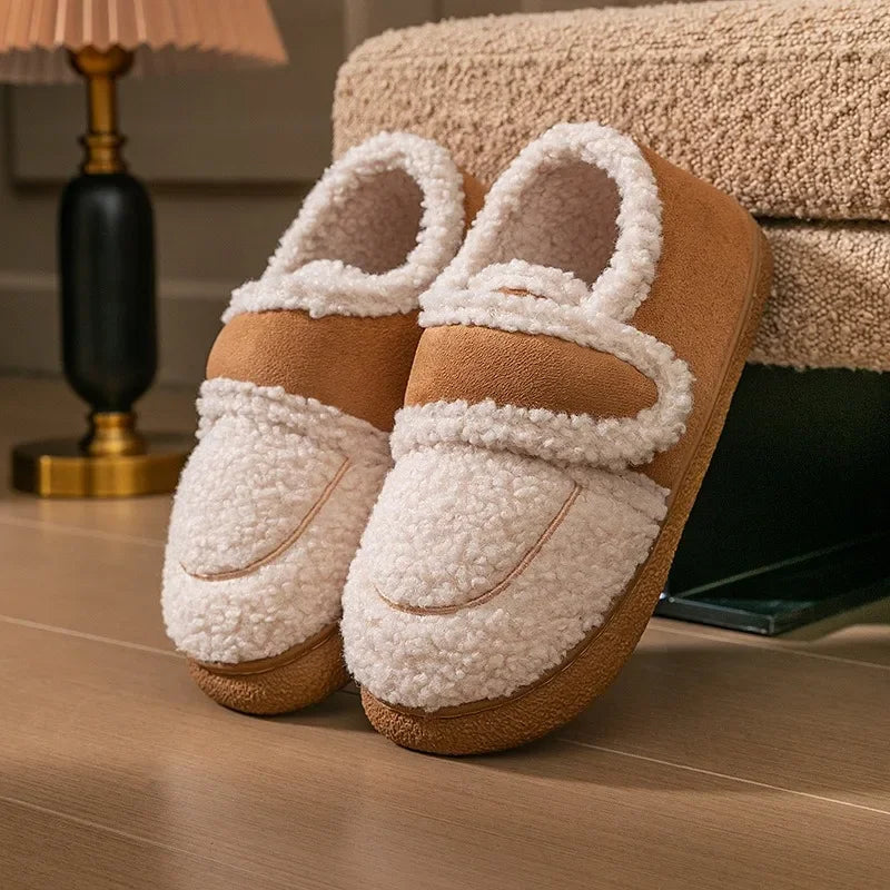 Autumn Winter Women Boots Brown Flannel Plush Warm Home Cotton Shoes Outdoor Platform Snow Boots Soft Sole Household Slippers