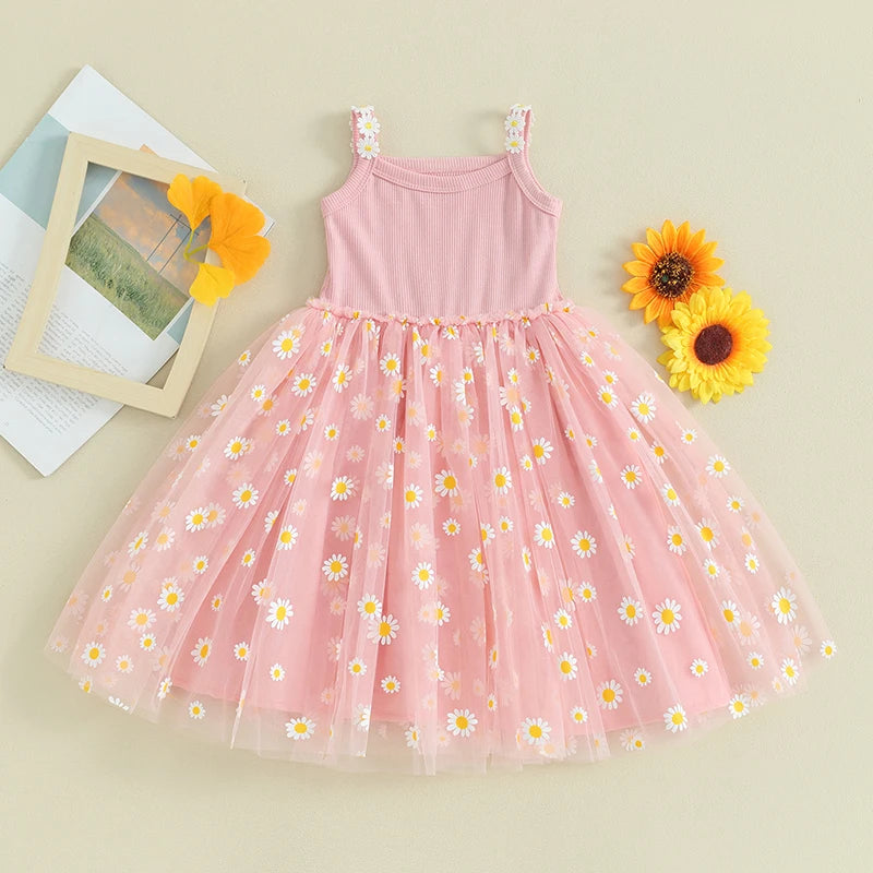 0-4Y Baby Girls Summer Dress Sling Sleeveless Daisy Print Mesh A-Line Princess Dress for Beach Party Kids Clothes