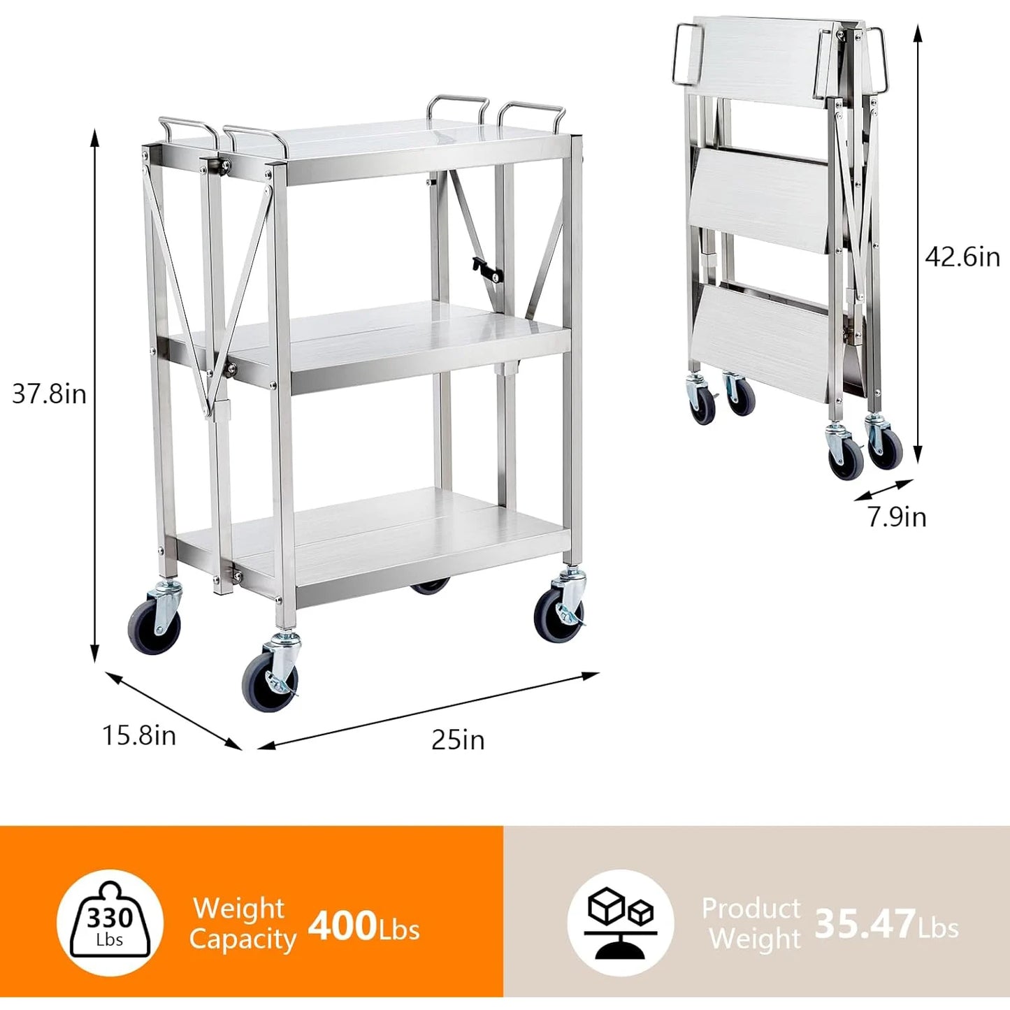 Heavy Duty Folding Utility Cart, Stainless Steel Collapsible Service Cart 133 Lbs Large Loading Per Shelf, 3-Tier Rolling Cart