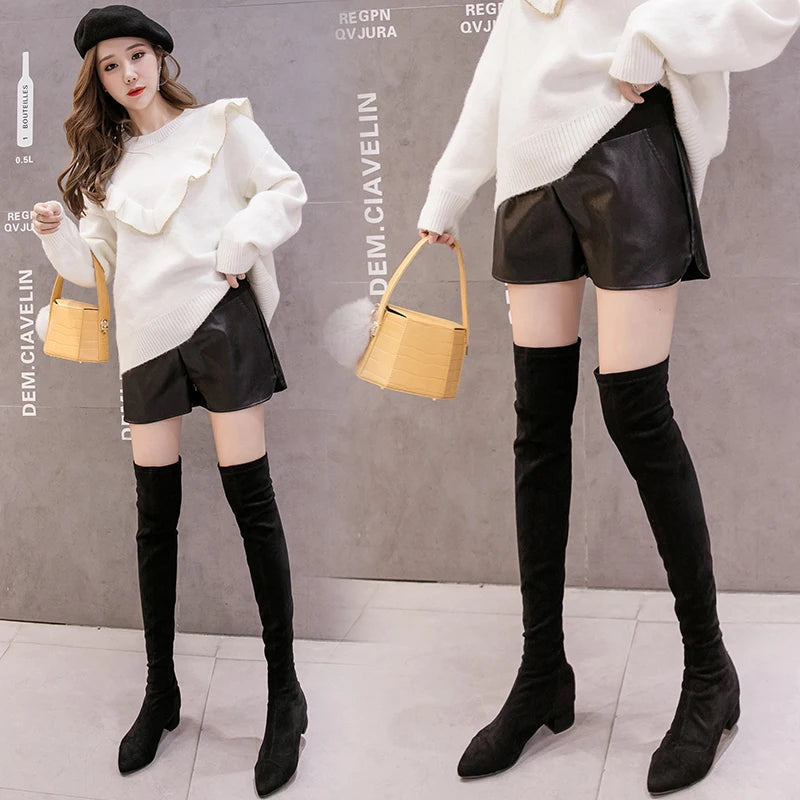 Cotton's Belly Patchwork PU Leather Shorts For Pregnant Women Fashionable Wide-legged Short Pants Maternity Side Split Trousers