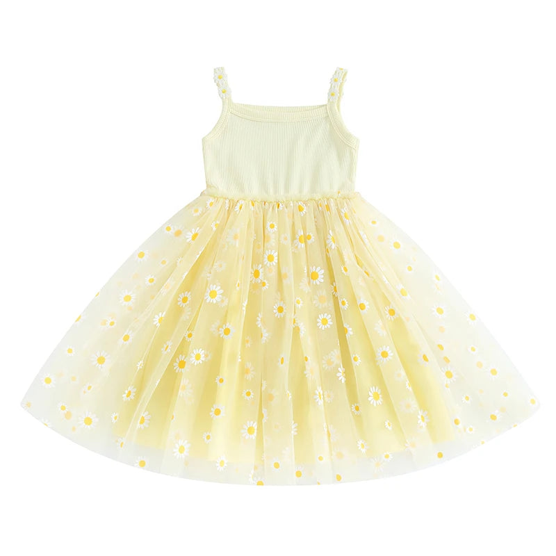 0-4Y Baby Girls Summer Dress Sling Sleeveless Daisy Print Mesh A-Line Princess Dress for Beach Party Kids Clothes