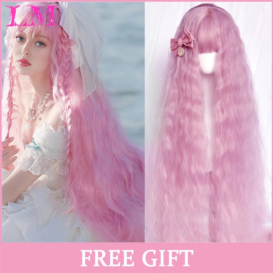 LM White Ombre Black Synthetic Wig for Women Long Curly Wave Wigs with Bangs Cosplay Party Heat Resistant Hair