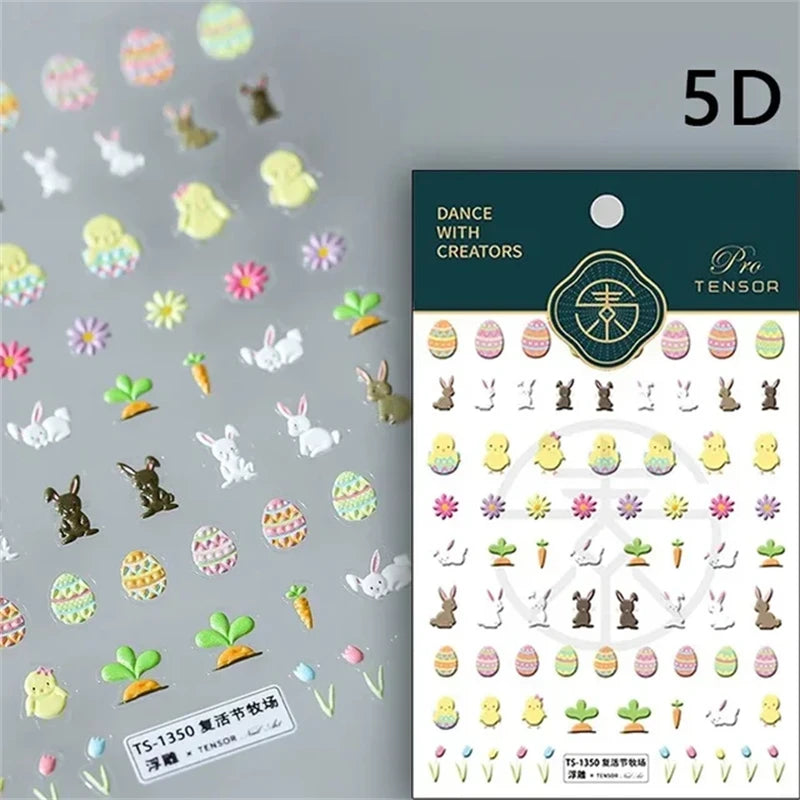 Noble Rococo Bunny Girl Pearl Butterfly Easter Egg Rabbit Soft Relief Self Adhesive 5D Nail Art Decoration Sticker 3D Nail Decal