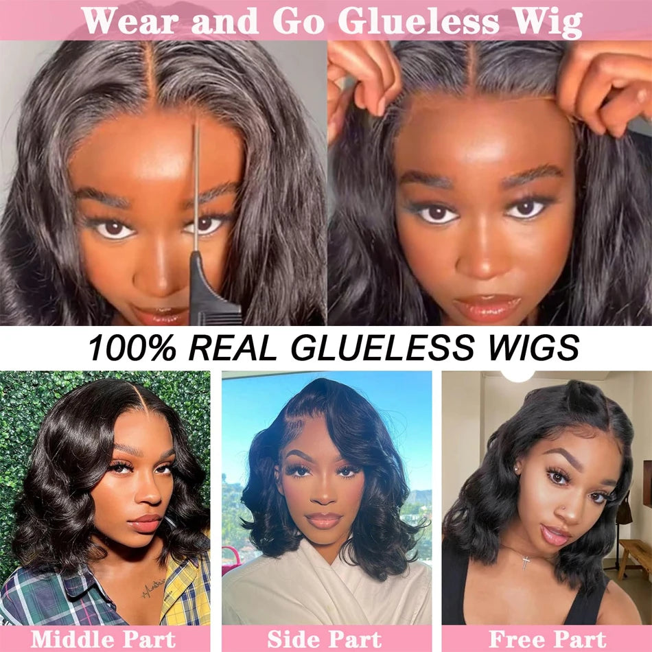 Glueless Body Wave Short Bob Wigs Loose Wave Lace Frontal 100% Human Hair Wigs Brazilian Wear To Go Natural PrePlucked Hairline
