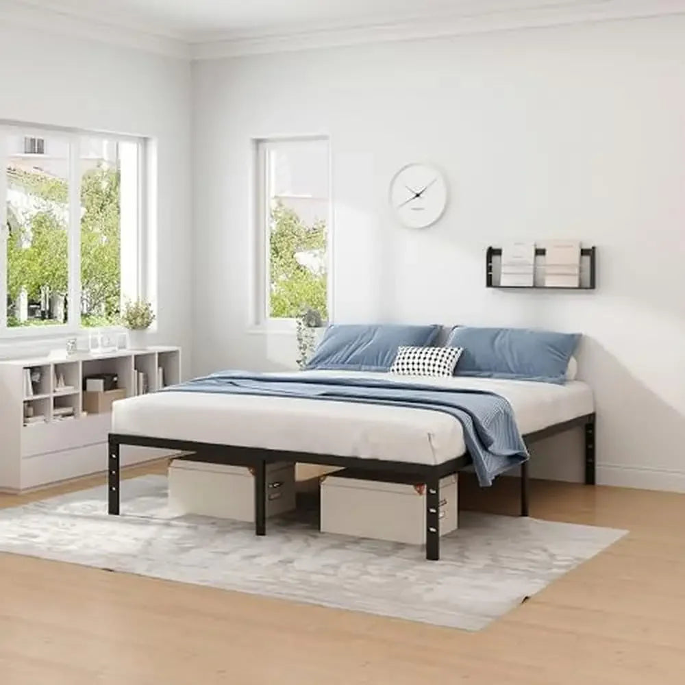 Metal Platform Bed Frame Queen Size with Storage Space Heavy Duty Sturdy Iron Frame Bed Bedroom Contemporary Style Squeak