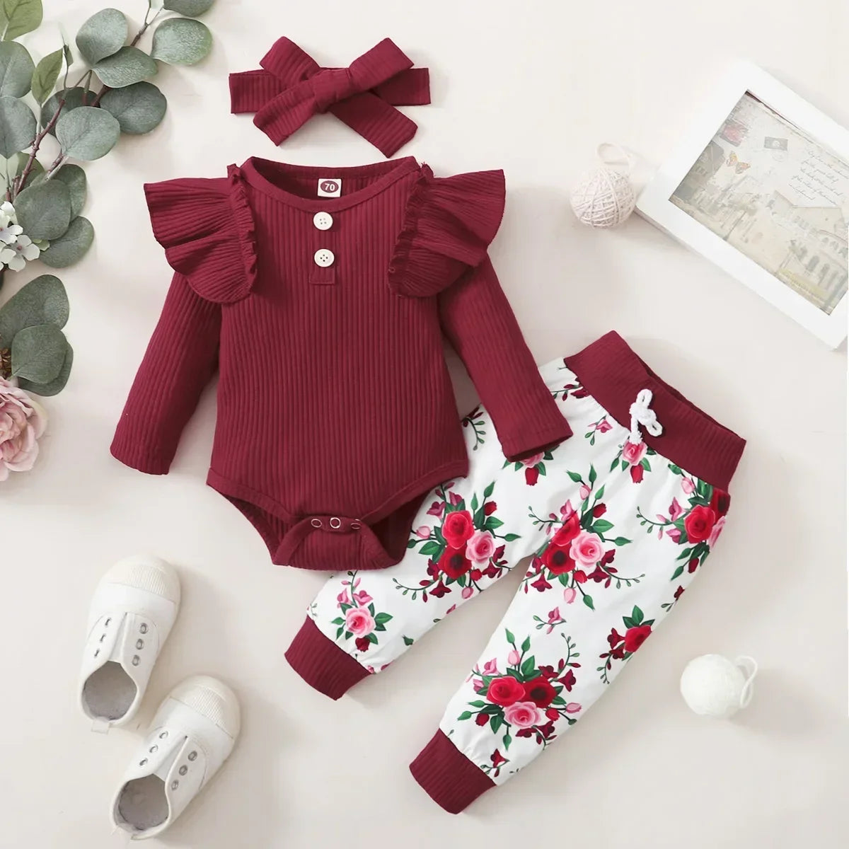 3Pcs Newborn Clothes Baby Girl Clothes Sets Infant Outfit Ruffles Romper Top Bow Leopard Pants New Born Toddler Clothing