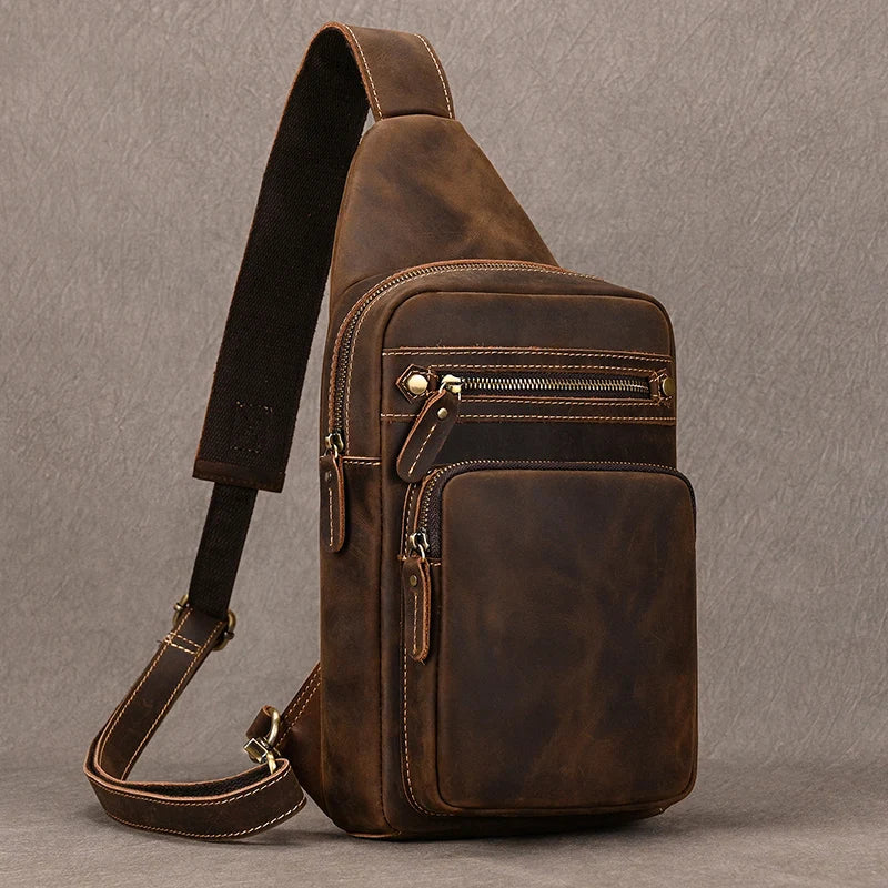 Casual Sport Bag Leather Chest Bags for Men iPad Mini Cow Leather One Shoulder Bags Male Anti Theft Chest Pack Sling Bag for Men