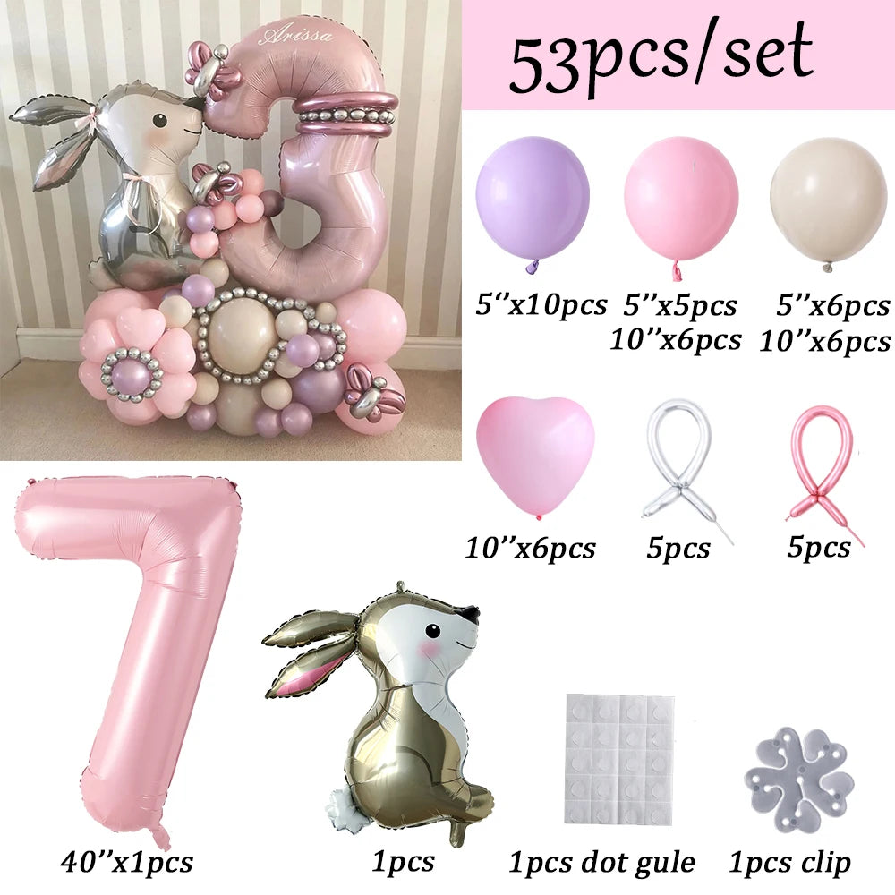 53pcs Easter Bunny Cartoon Rabbit Foil Balloons with Pink 40inch Number Ball Set Child Girls 1st Birthday Party Baby Shower Deco