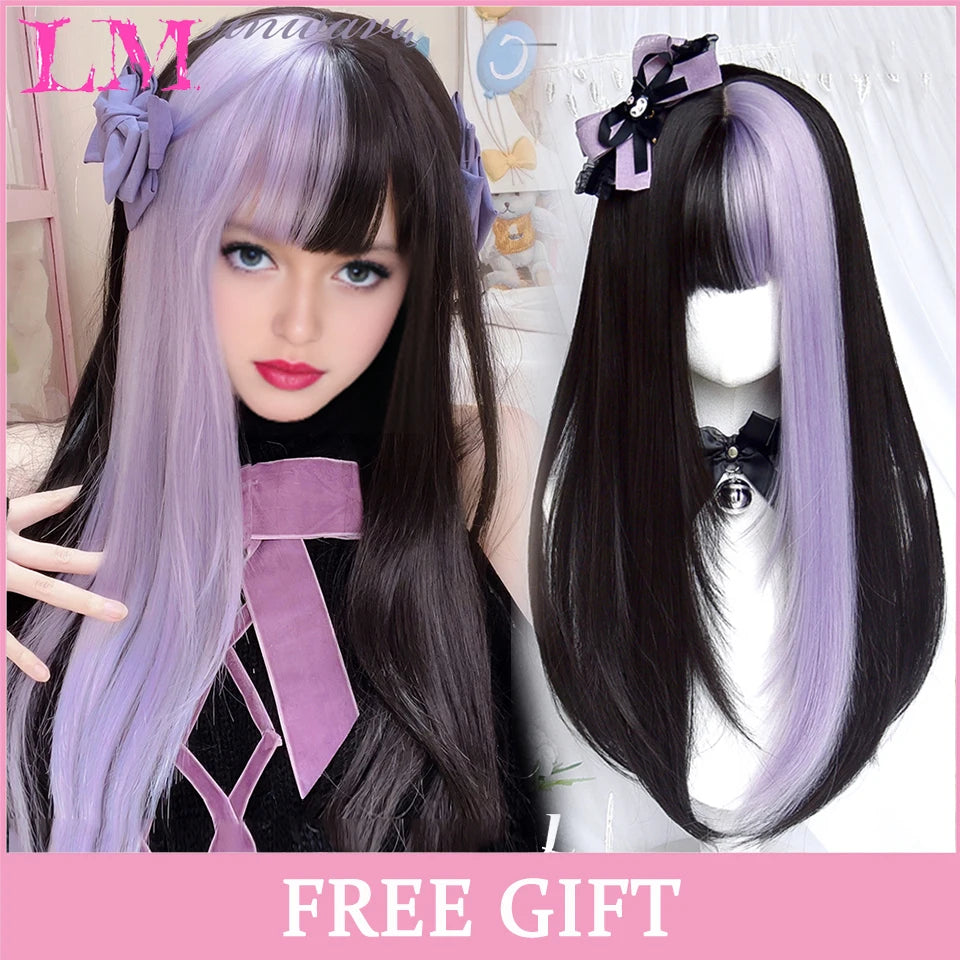 LM White Ombre Black Synthetic Wig for Women Long Curly Wave Wigs with Bangs Cosplay Party Heat Resistant Hair