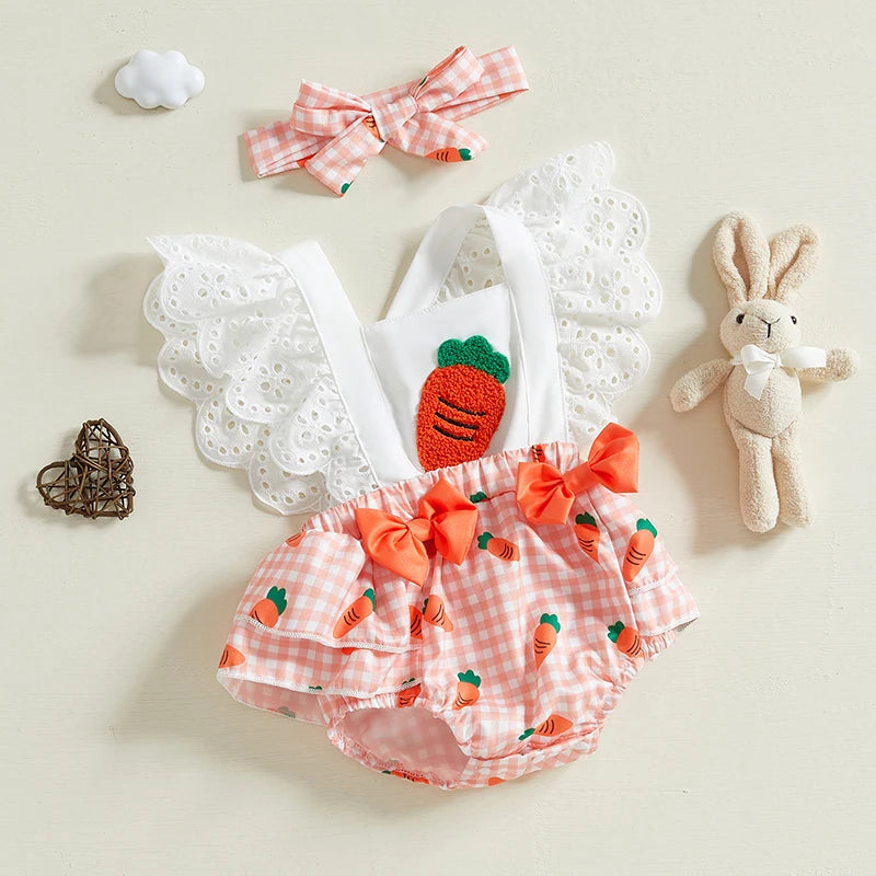 Baby Girl Easter Outfits Hollow Out Flying Sleeveless Square Neck Carrot Print Bodysuit with Bow Headband