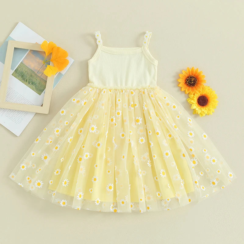 0-4Y Baby Girls Summer Dress Sling Sleeveless Daisy Print Mesh A-Line Princess Dress for Beach Party Kids Clothes