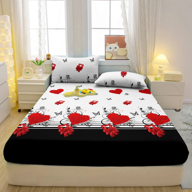 1 Simple Modern Heart-Shaped Printed Matte Fitted Sheet, Bedroom Printed Bed Cover, Bedding (Excluding Pillowcases)