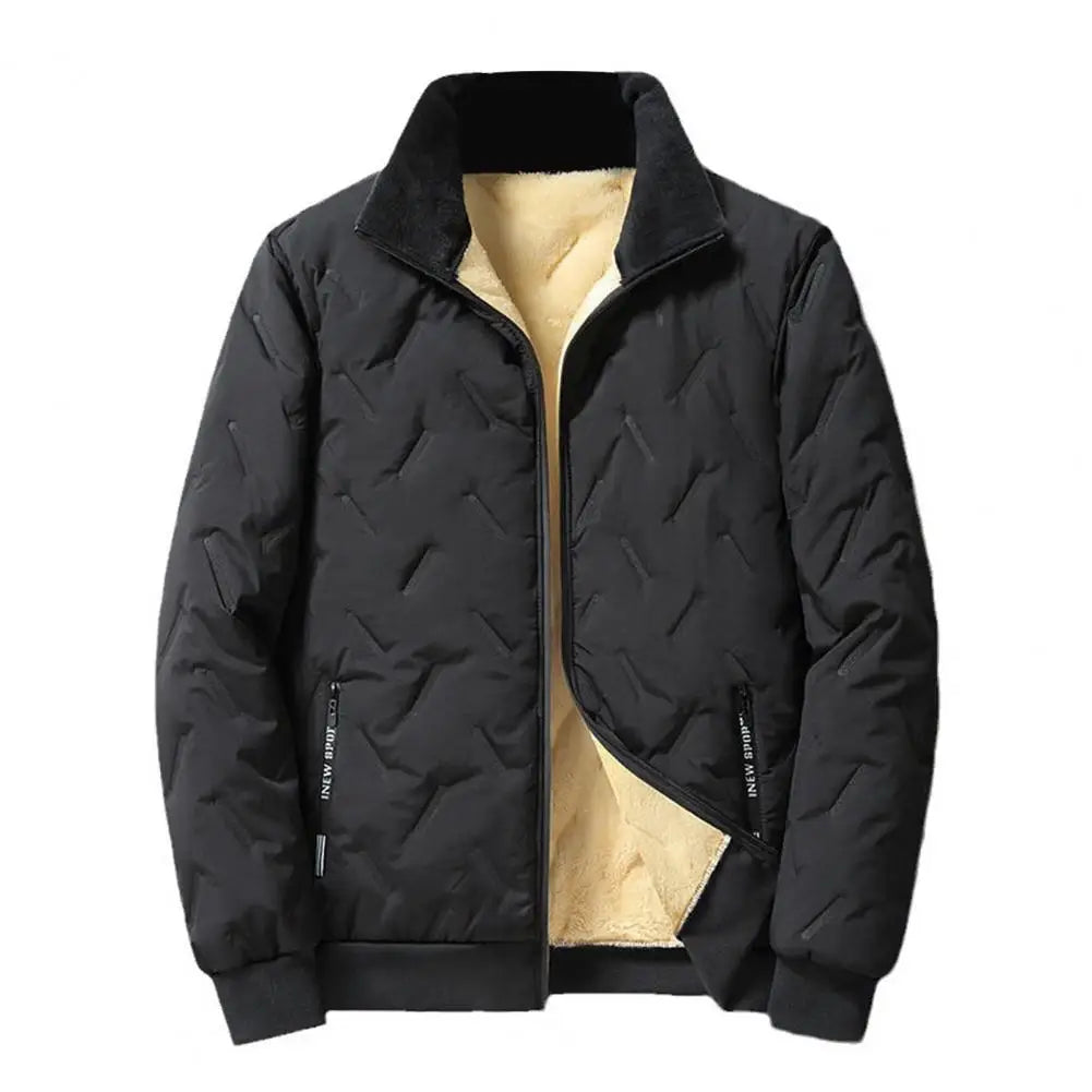 Embossed Lines Jacket Men Jacket Men's Embossed Lines Lapel Jacket with Zipper Pockets Elastic Hem Plush Lining Coat for Warmth
