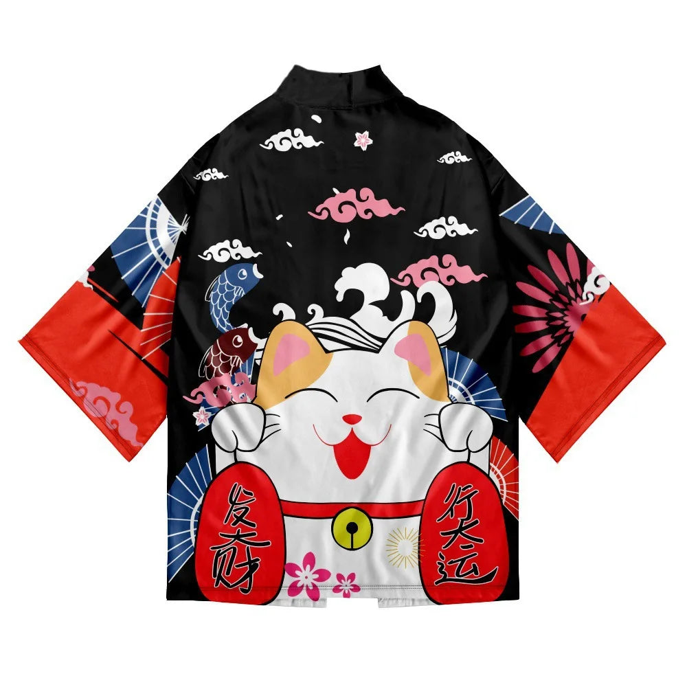 Japanese Kimono Yukata Samurai Kimono Man Cat Print Shirt Clothing Harajuku Cardigan For MenTraditional Haori Kimono Women