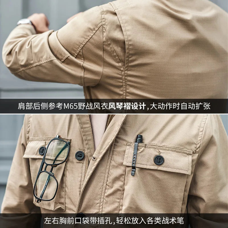 Safari Jacket Men Tactical Windbreaker Outdoor Multi-pocket Vintage Casual Coats Spring Autumn Army Camo Amekaji Hunter