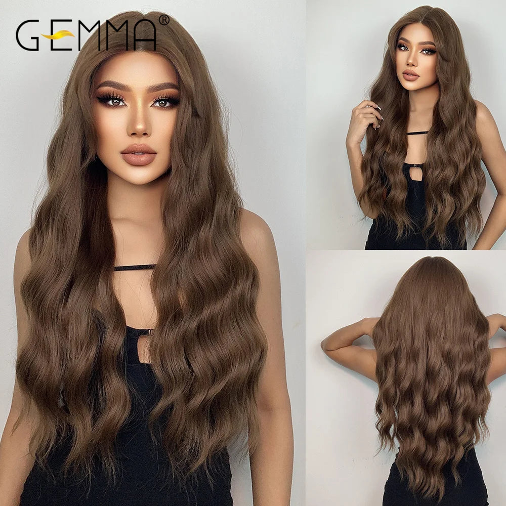 GEMMA Long Wavy Omber Brown Blonde Lace Front Wigs for Women Middle Part Lace Synthetic Wig Heat Resistant Cosplay Daily Hair