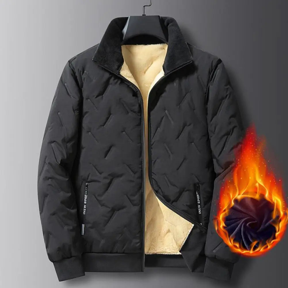 Embossed Lines Jacket Men Jacket Men's Embossed Lines Lapel Jacket with Zipper Pockets Elastic Hem Plush Lining Coat for Warmth