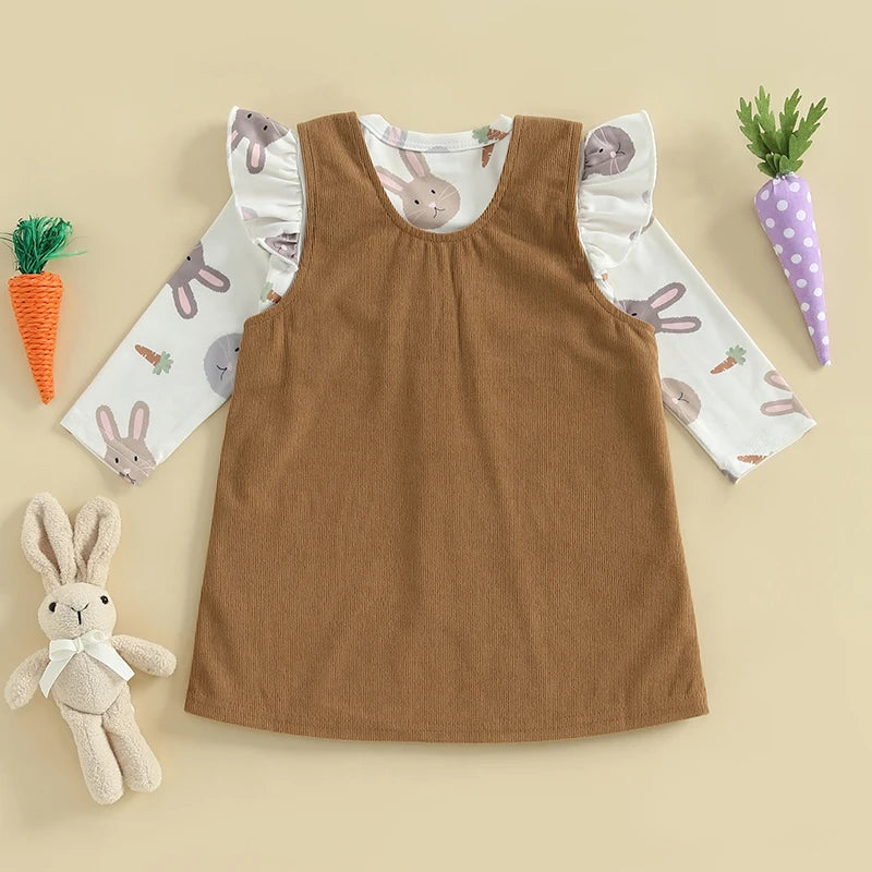 Toddler Baby Girl Easter Outfits Bunny Ruffle Long Sleeve Romper with Overall Dress 2 Piece Spring Sets for Newborn