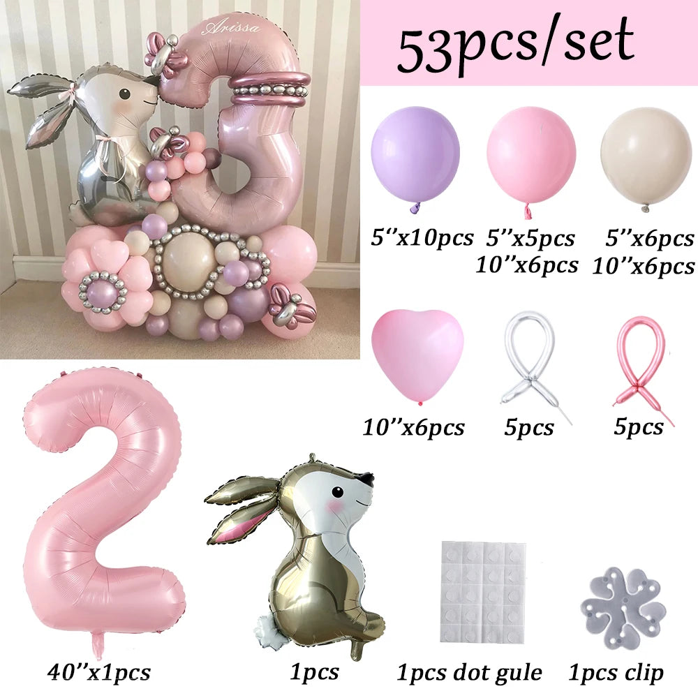 53pcs Easter Bunny Cartoon Rabbit Foil Balloons with Pink 40inch Number Ball Set Child Girls 1st Birthday Party Baby Shower Deco