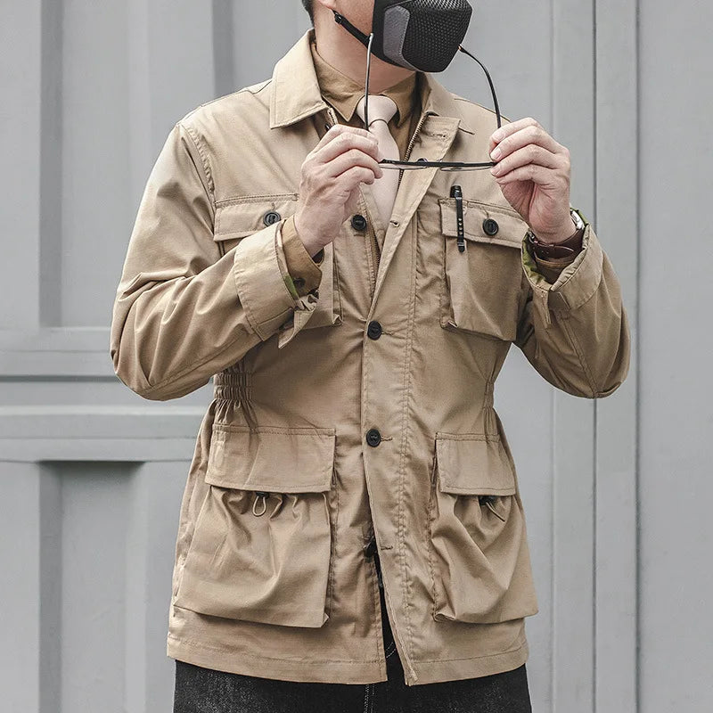Safari Jacket Men Tactical Windbreaker Outdoor Multi-pocket Vintage Casual Coats Spring Autumn Army Camo Amekaji Hunter