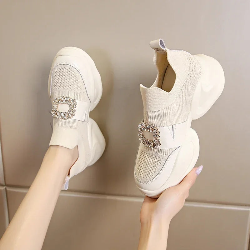 Women Luxury Crystal Sports Shoes Spring and Autumn Fashion Mesh Breathable Platform Sports Shoes Women Comfortable Tennis Shoes