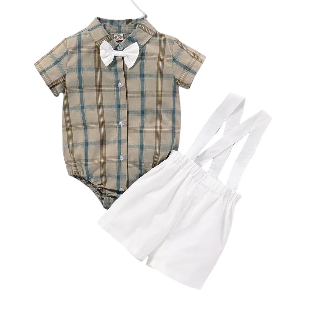 2PCS Clothes Set Newborn Baby Boy Bow Short Sleeve Bodysuit+White Overalls Fashion Gentleman Suit for Toddler Boy 3-24 Months