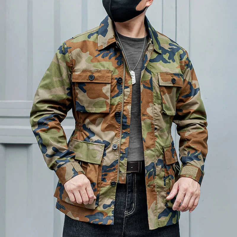 Safari Jacket Men Tactical Windbreaker Outdoor Multi-pocket Vintage Casual Coats Spring Autumn Army Camo Amekaji Hunter