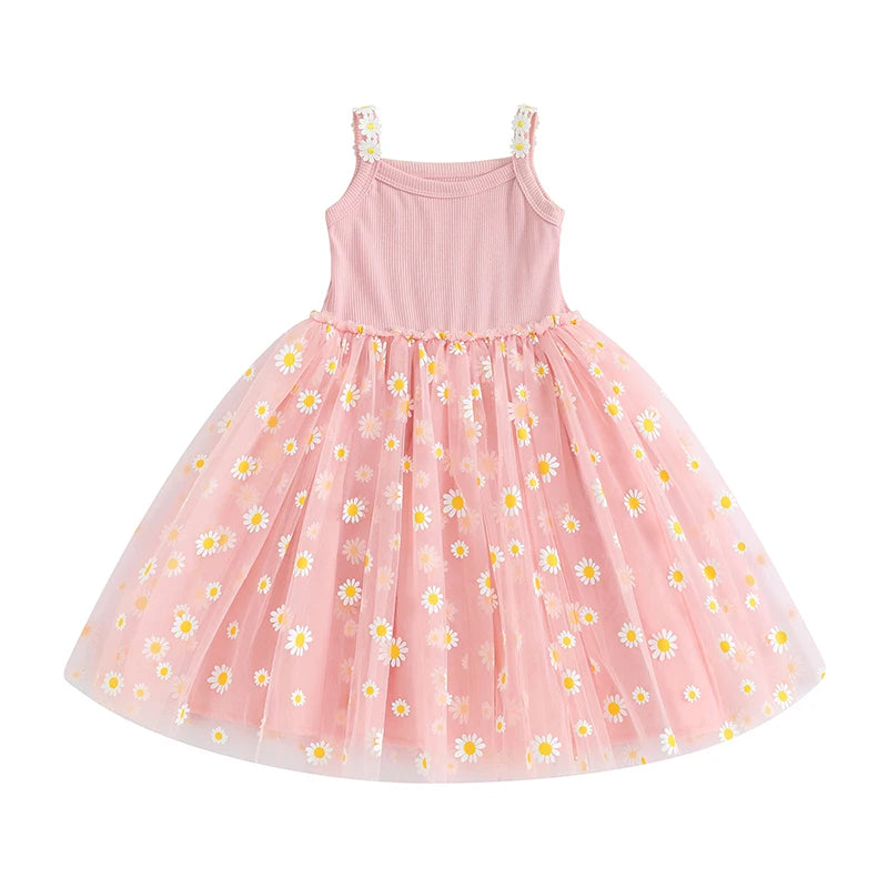 0-4Y Baby Girls Summer Dress Sling Sleeveless Daisy Print Mesh A-Line Princess Dress for Beach Party Kids Clothes