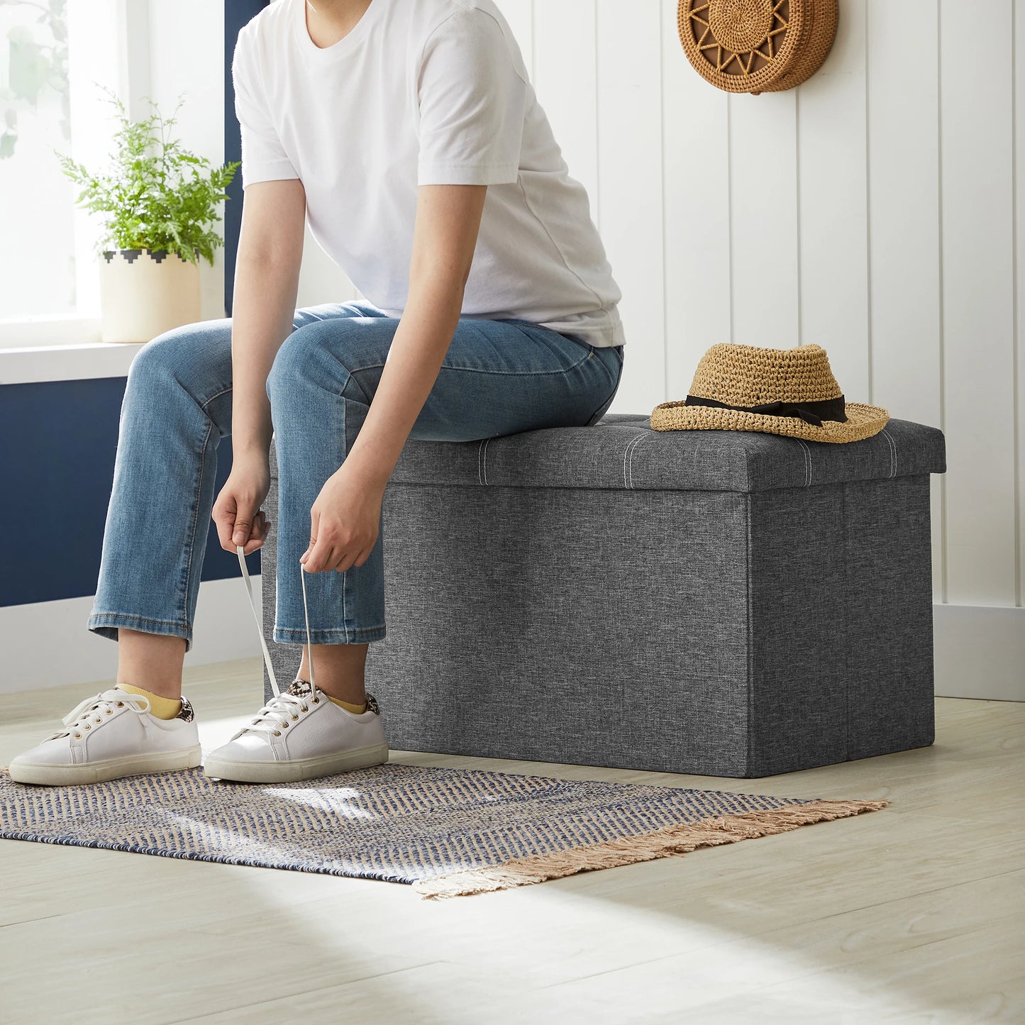 SONGMICS Ottoman Storage Bench, 21 Gal. Folding Chest with Breathable Linen-Look Fabric, Holds 660 lb, for Entryway, Living Room