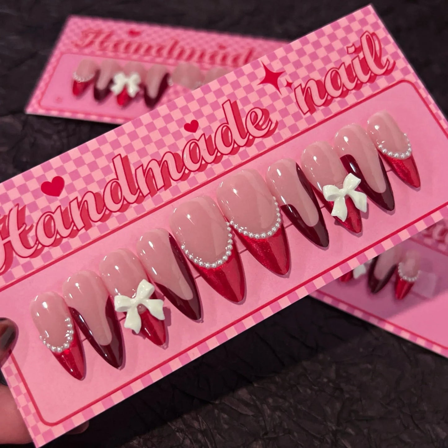 10Pcs French Almond Handmade Press on Nails Bowknot Fake Nails Wearable Stick-on Nails False Nail Накладные Ногти Faux Ongles