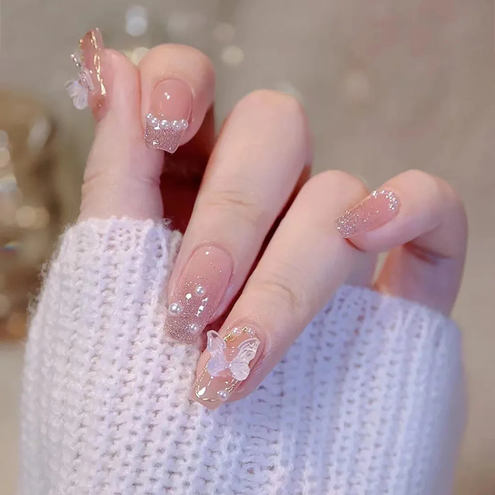 24Pcs Glossy Short Ballerina Press On Nails Pink Glitter Style False Nails With Rhinestone Shiny Artificial Reusable Fake Nails