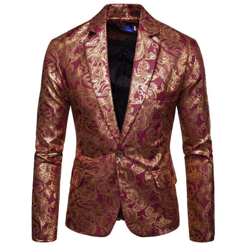 2023 Men's Golden Floral Blazers Business Casual Suit Wedding Dress Gold Blazer Men