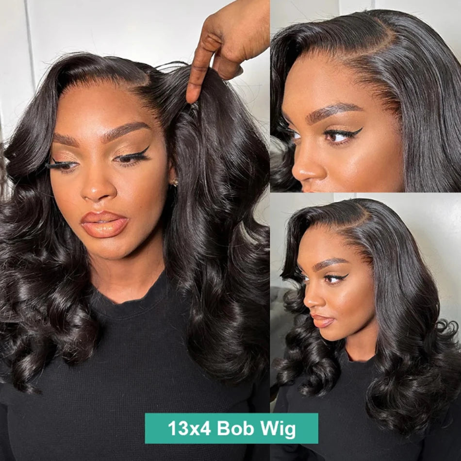 Glueless Body Wave Short Bob Wigs Loose Wave Lace Frontal 100% Human Hair Wigs Brazilian Wear To Go Natural PrePlucked Hairline