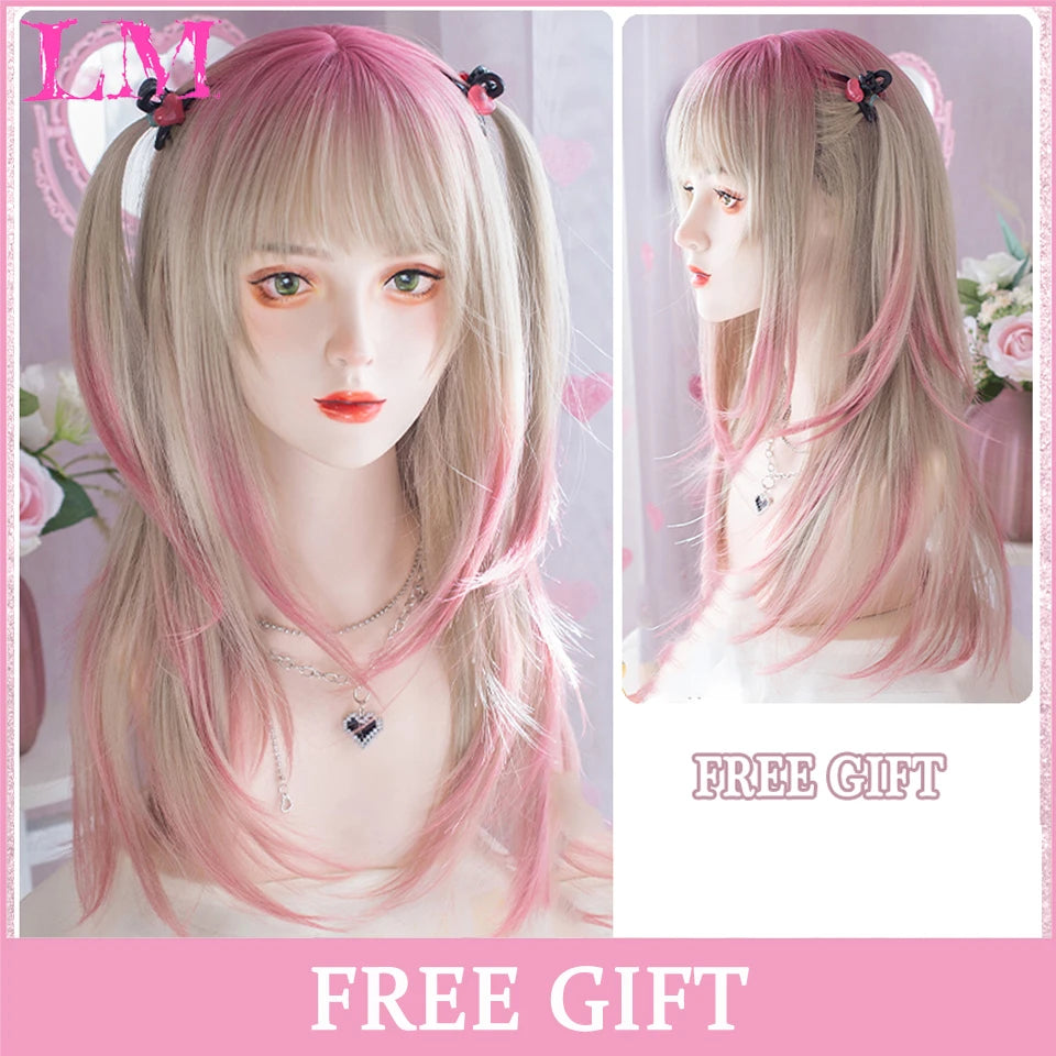 LM White Ombre Black Synthetic Wig for Women Long Curly Wave Wigs with Bangs Cosplay Party Heat Resistant Hair