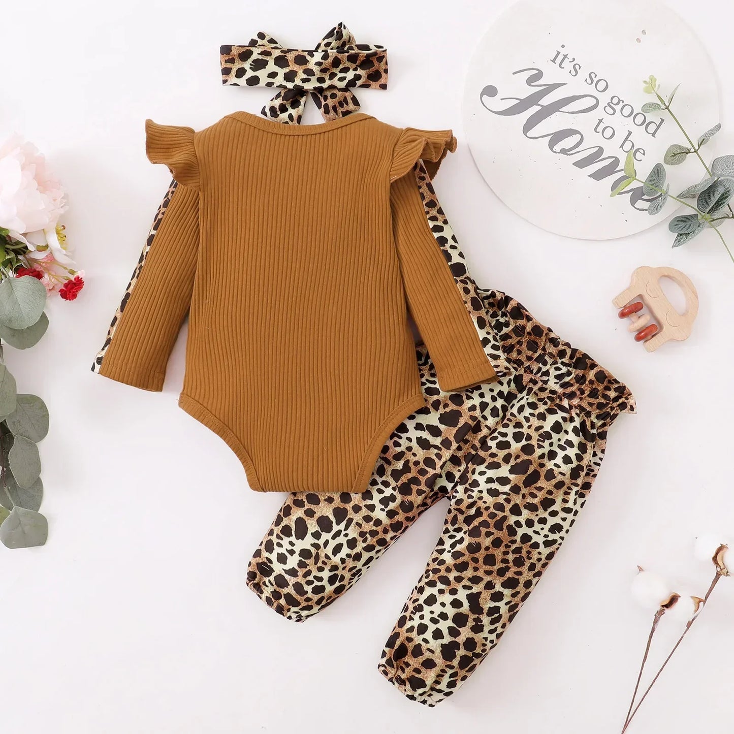 3Pcs Newborn Clothes Baby Girl Clothes Sets Infant Outfit Ruffles Romper Top Bow Leopard Pants New Born Toddler Clothing