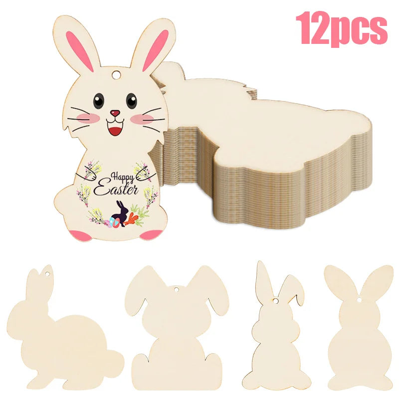 6/12Pcs Easter Wooden Bunny Pendants Blank Rabbit Wood Chips Kids Easter Party DIY Painting Crafts Gift Home Hanging Decoration