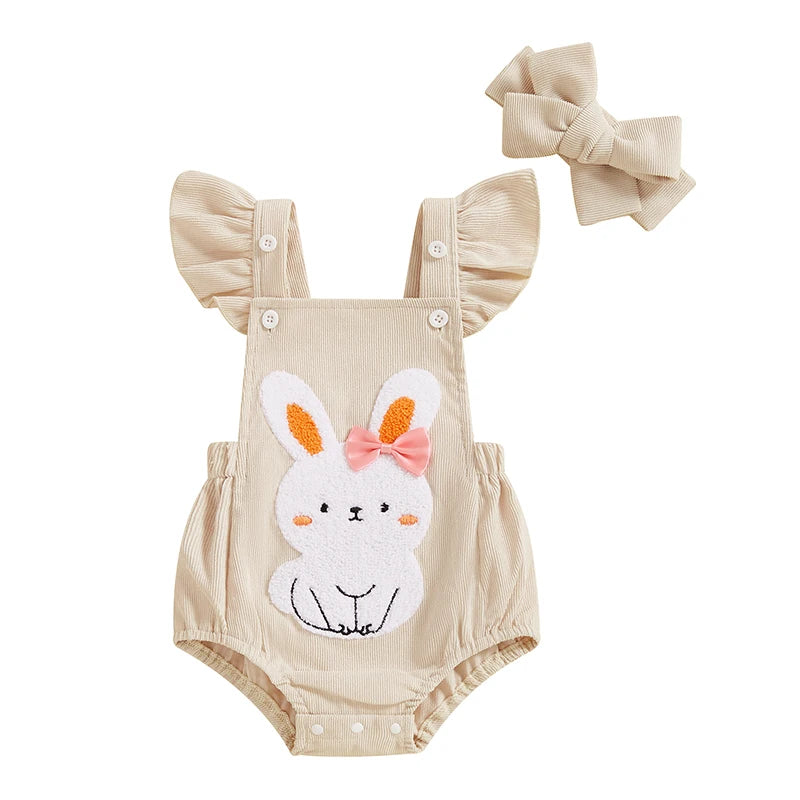 Adorable Baby Easter Romper Set with Cute Bunny Embroidery Flutter Sleeves and Matching Headband for Girls